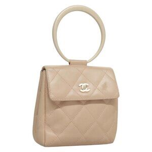 CHANEL Matelasse Hand Bag Leather Beige Silver CC Auth 133091